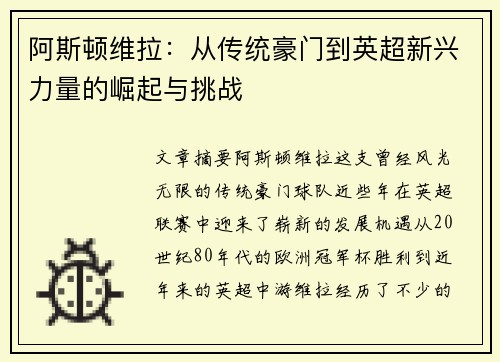 阿斯顿维拉：从传统豪门到英超新兴力量的崛起与挑战